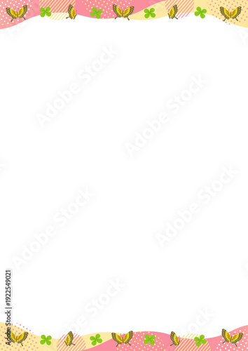 蝶とクローバーと幾何学模様と波の上下の縦型のフレーム_ ピンク