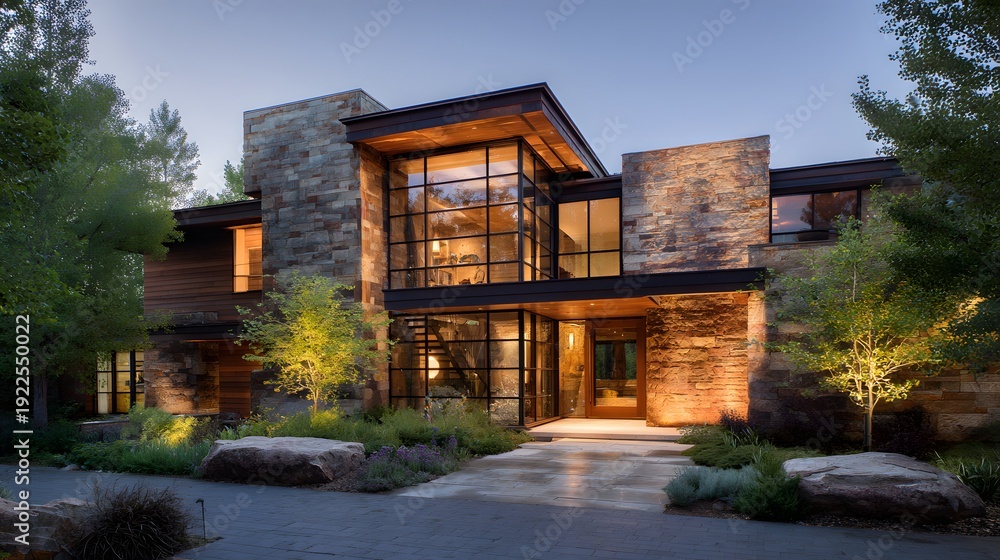 Fototapeta premium Contemporary eco luxury summer estate glass facade natural stone material