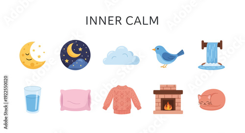 Ten icons representing Inner Calm moons cloud bird waterfall drink pillow sweater fireplace and sleeping cat