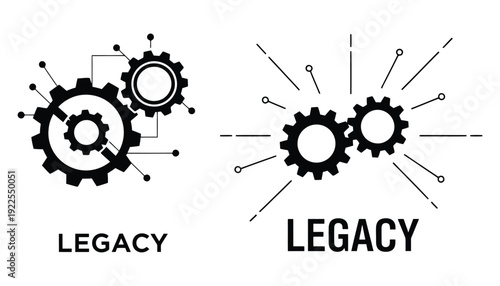 Interlocking gears and radiating lines with the word legacy displayed below