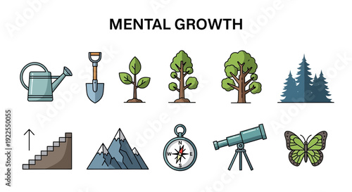 Row of ten icons representing gardening ascent nature and observation tools