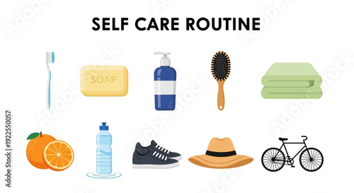 Selfcare routine items displayed in two rows against a white background