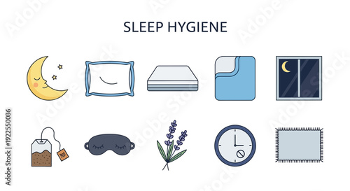 Ten icons illustrating sleep hygiene concepts arranged in two rows