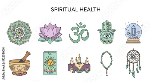 Spiritual Health icons displayed in two rows top row features mandala lotus Om Hamsa and crystal ball