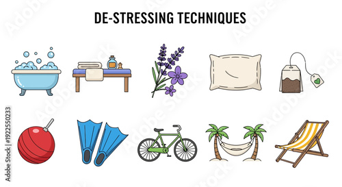 Row of ten illustrated destressing techniques against a white background