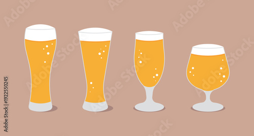 Set of 4 different beer glass shapes with yellow lager and foam. Minimalist flat vector icons for craft beer menus, brewery branding, and pub promotion designs.