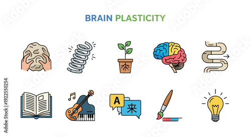 Ten icons illustrating concepts related to brain plasticity in two rows