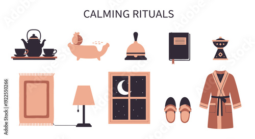 Illustration of various objects associated with calming rituals arranged in two rows