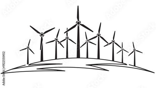 Minimalist black silhouette of a modern wind farm with multiple turbines generating renewable energy on a stylized horizon line for sustainable green power concepts vector illustration
