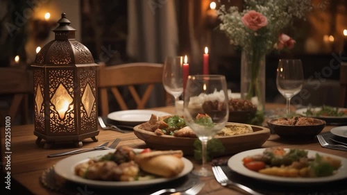 An intimate, candlelit dinner table set with food and wine, featuring a traditional Islamic lantern and flowers, evoking a warm, celebratory Ramadan or Eid gathering