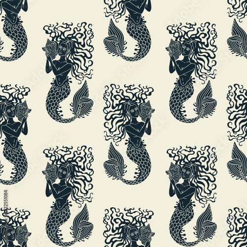 Beautiful long hair mermaid holding conch shell seamless pattern on beige background vector illustration