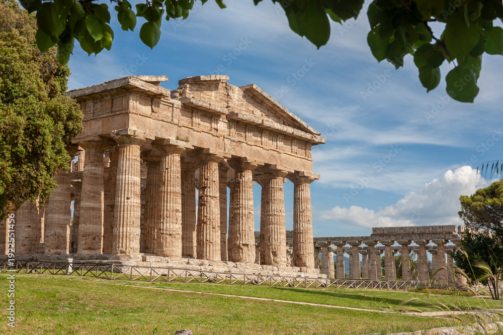 Fototapeta premium The west end of the Greek Temple of Hera II in the ancient city of Paestum, Campania, Italy