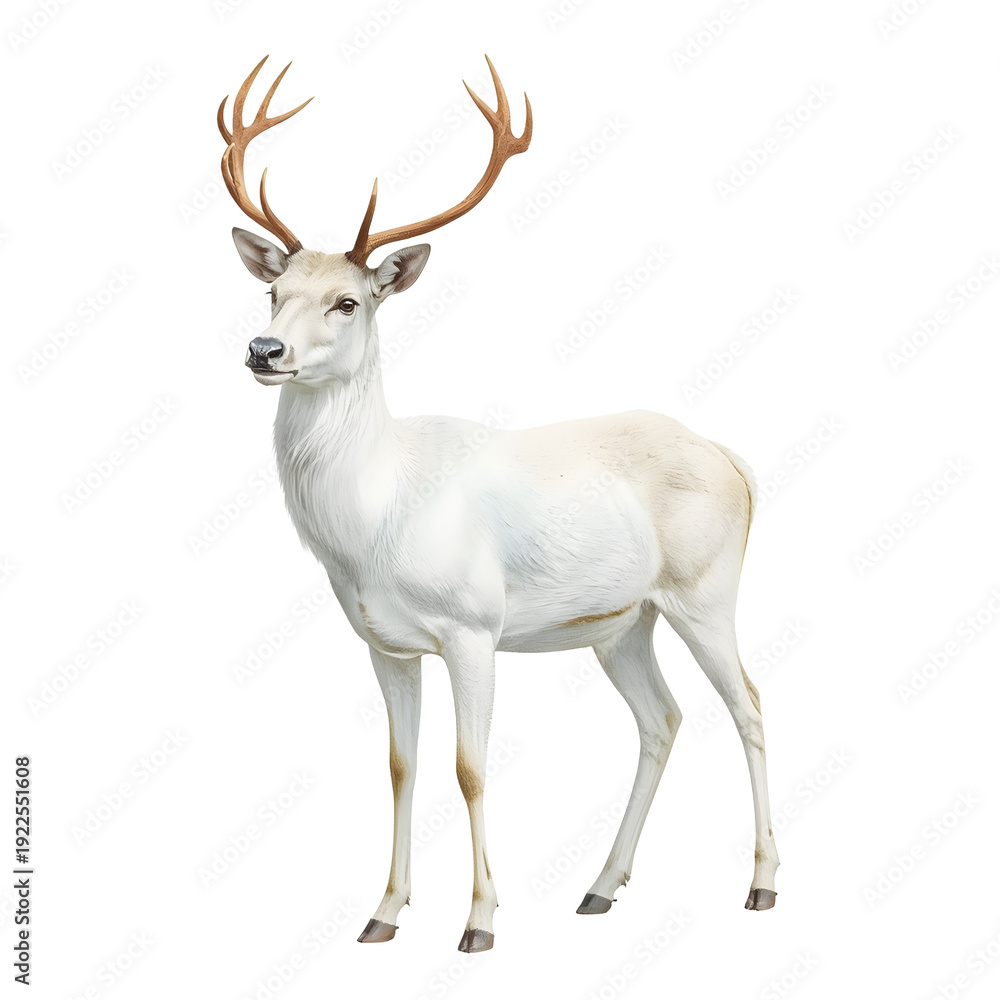 Fototapeta premium Majestic white deer stands tall against a solid white backdrop