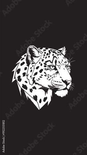 Stylized white leopard head illustration on dark background with bold linework.