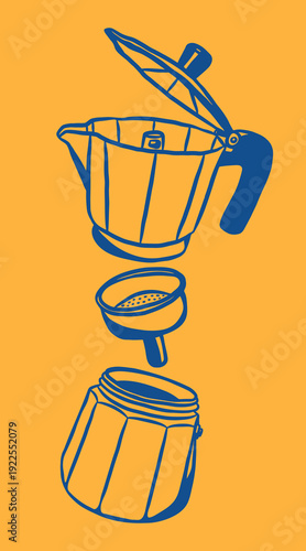 hand drawn line doodle vector illustration of moka pot coffee maker in exploded view isolated on yellow background. espresso brewing and kitchen equipment concept
