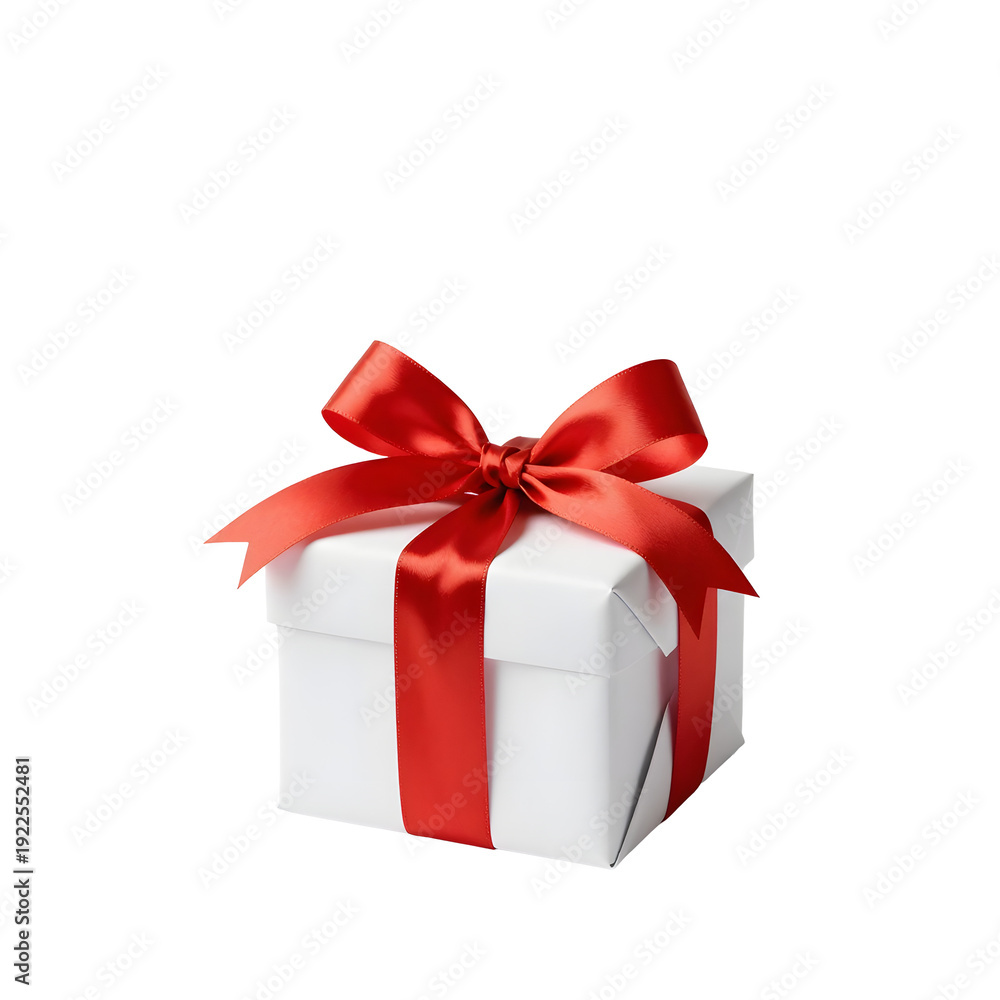 Fototapeta premium Simple white gift box tied with shiny red ribbon on white background