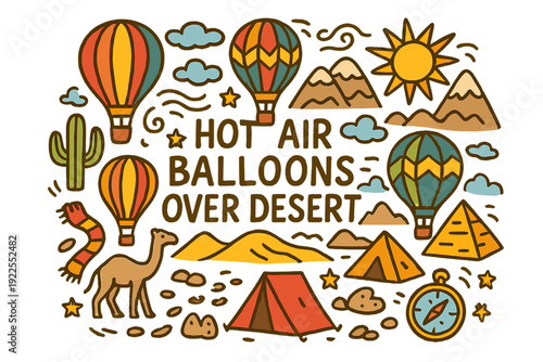 Desert Balloon Adventure. Hot air balloons over desert. Hand-drawn doodle illustration of hot air balloons