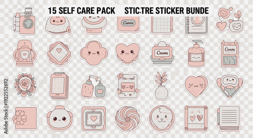A collection of cute pastel pink and grey self-care themed digital stickers featuring skincare products, cozy items, hearts, and planner elements.