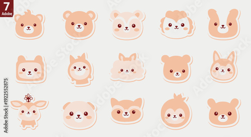 A collection of 15 cute cartoon animal faces in a soft peach and white color palette, designed as stickers or icons on a light background.