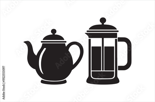 black and white image of a teapot and a coffee press