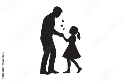 silhouette of a man and a little girl holding hands with hearts