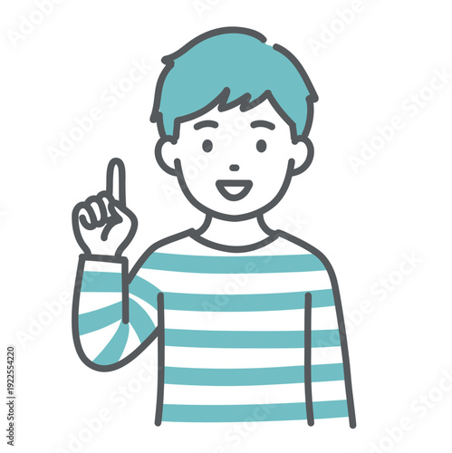 指差し・ポイントを解説する男の子（子ども）のイラスト（ひらめき・上半身）