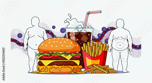 Illustrative depiction of the health risks from fast food, showcasing a large burger, fries, and soda next to figures representing obesity and an unhealthy lifestyle