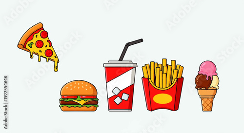 Collection of classic fast food items, including a cheesy pizza slice, juicy burger, refreshing soda, crispy french fries, and sweet ice cream cone, depicted as colorful cartoon illustrations