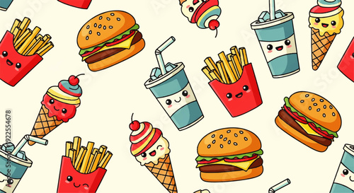 Kawaii Food Icons A Playful and Colorful Collection of Fast Food Favorites and Sweet Treats