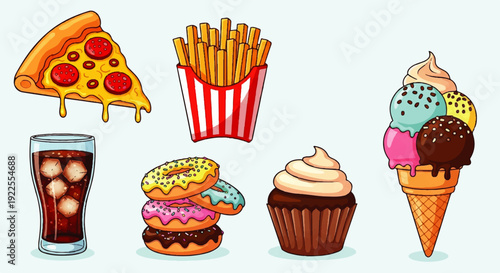 A vibrant collection of delicious and tempting junk food items, including pizza, fries, donuts, cupcakes, soda, and ice cream, perfect for a cheat meal or a fun indulgence