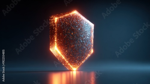 A glowing shield with intricate details and a vibrant, energetic light display. The shield is centered on a surface