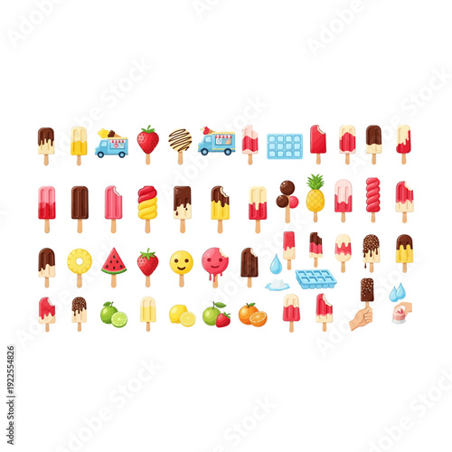 Summer Ice Cream Vector Icons with Food Truck and Fruits
