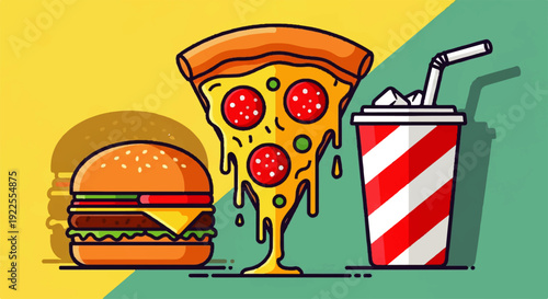 Delicious Fast Food Items A Cheesy Pizza Slice, Juicy Burger, and Refreshing Drink with a Straw