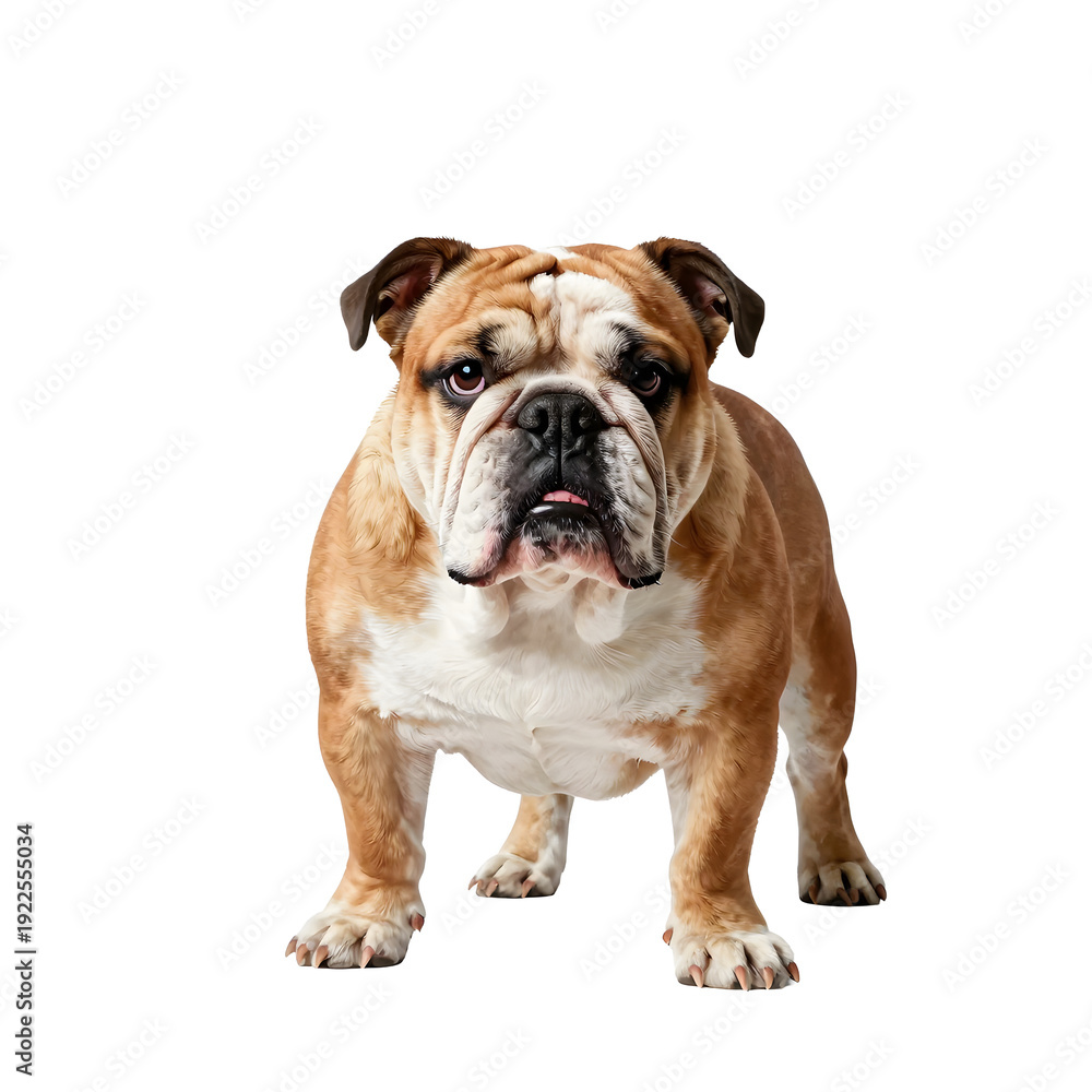 Obraz premium Adorable english bulldog stands confidently in the studio with a white background