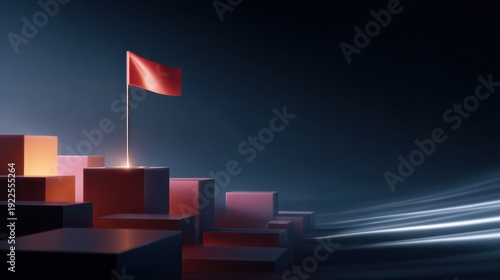A minimalist illustration of a red flag atop a series of ascending steps. It symbolizes the attainment of goals or targets, set against a dark background, suggestive of determination and ambition.