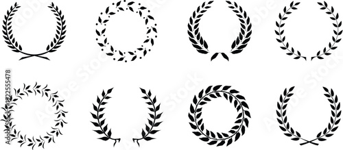Collection of eight distinct black silhouette laurel wreaths and circular foliate frames symbolizing victory, honor, and achievement.