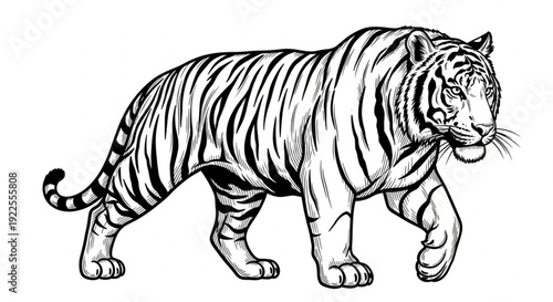 A majestic and powerful tiger depicted in a striking black and white woodcut style, showcasing its intricate stripe patterns as it stalks forward with a focused and intensely predatory gaze.