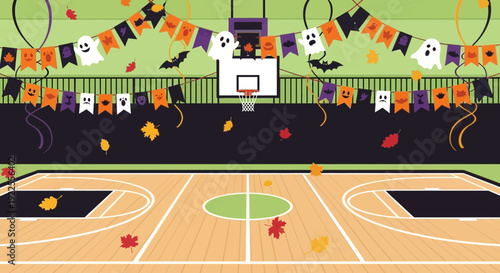 Basketball court decorated for Halloween with festive banners and falling leaves.