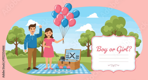 Couple celebrating gender reveal with balloons and picnic.