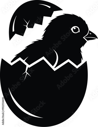 Stylized black and white silhouette graphic design of a newly hatched chick emerging from a broken eggshell symbolizing new beginnings and springtime concepts.