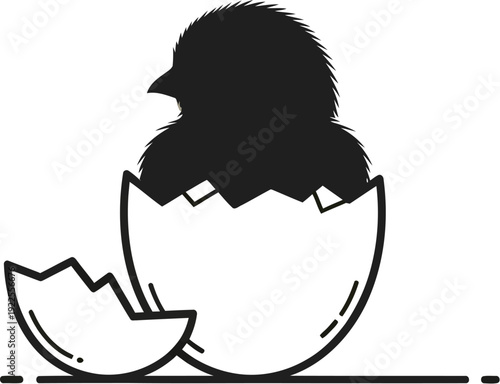 Minimalist black silhouette icon of a newly hatched baby chick emerging from a broken white eggshell against a soft gradient background