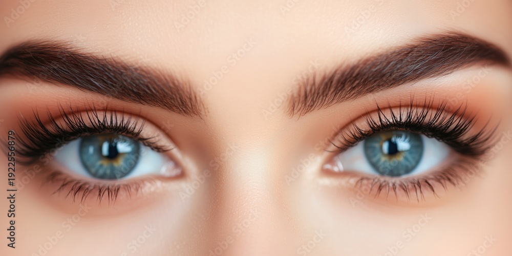Obraz premium Close up of a woman’s brown eyes with long curled eyelashes, luminous iris detail, natural makeup, and gentle diffused lighting, ideal for vision testing, contact lens promotion, or eyesight awareness