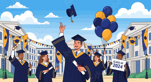 Graduates celebrating academic achievement by tossing caps in the air.