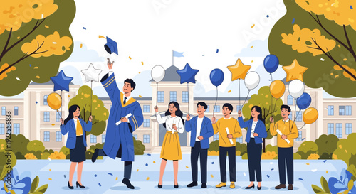 Group of diverse students celebrating graduation day with one student throwing cap in air.