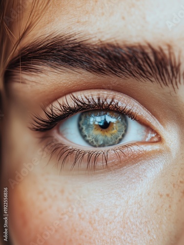 Macro close up of a woman’s eye with long curled eyelashes, luminous iris detail, natural makeup, and gentle diffused lighting, ideal for vision testing, contact lens promotion, or eyesight awareness
