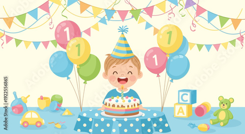 Happy baby boy celebrating his first birthday with a colorful cake.