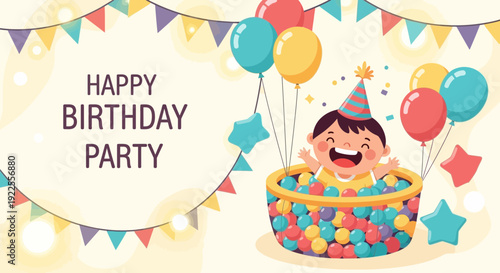 Happy child in a ball pit celebrating a birthday party.