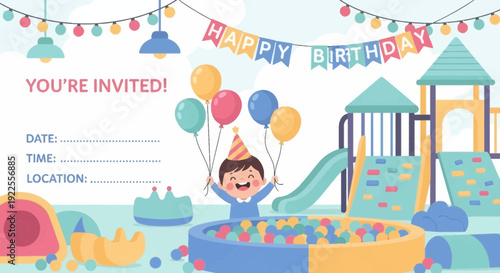 Happy child celebrating birthday at a vibrant indoor playground with balloons and a ball pit.