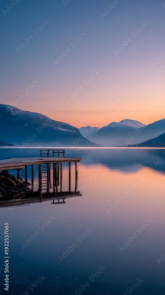 Fototapeta premium Wooden dock with benches extends over a calm lake reflecting the pastel colors of the sunrise sky and distant mountains