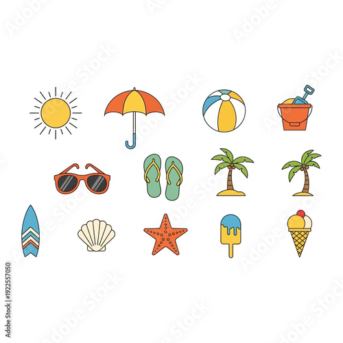 Summer Beach Vacation Icons: Sun, Umbrella, Ball, Sunglasses, Ice Cream